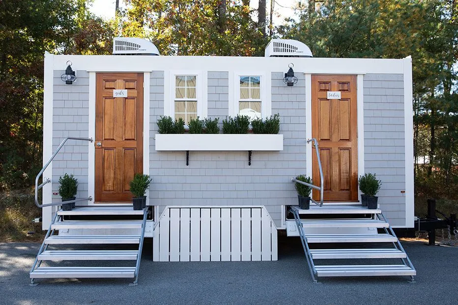 Wedding restroom units discretely staged at a venue in Lafayette, Louisiana